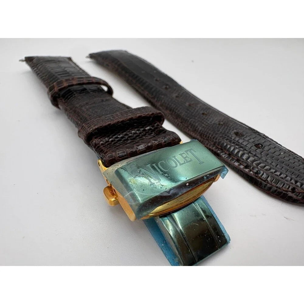 Armand Nicolet 22mm Dark Brown Genuine Teju Lizard Watch Strap Gold Deployant